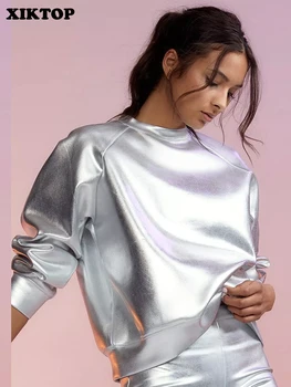 Серебряная футболка XIKTOP, женская осень 2023, модная однотонная женская одежда, базовые топы с круглым вырезом, уличный панк