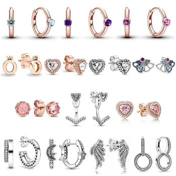 Серьги из стерлингового серебра 925 пробы, Розовый Пасьянс, Huggie, Полированная Корона, серьги-сердечки с кристаллами для женщин, модные украшения
