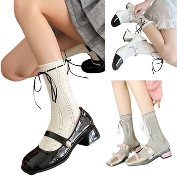 Сетчатые носки до щиколотки L93F, Балетные носки со шнуровкой и бантиком для женщин, Хлопковые носки с закатанными манжетами