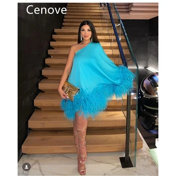 Синее выпускное платье Cenove на одно плечо короткой длины с перьями, вечернее летнее элегантное женское платье для вечеринки