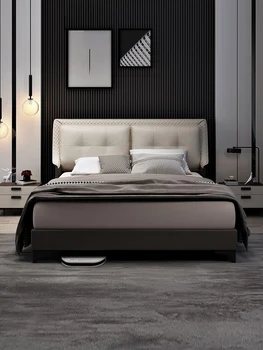 Современная простая роскошная кожаная спальня с большой кроватью из массива дерева, итальянская минималистичная двуспальная кожаная кровать