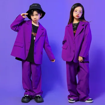 Современная танцевальная одежда, сценические костюмы для мальчиков, Детская одежда для бальных танцев в стиле хип-хоп, Фиолетовая свободная одежда Kpop Outffits Для девочек, джаз