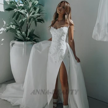 Современное свадебное платье Anna с высоким разрезом для невесты на бретельках, съемный шлейф, без рукавов, на молнии, с V-образным вырезом, свадебное платье для свадьбы