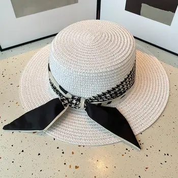 Солнцезащитная шляпа с ленточным декором на шнуровке, женская дорожная шляпа с плоским куполом, Солнцезащитная соломенная шляпа с широкими полями, Модные аксессуары