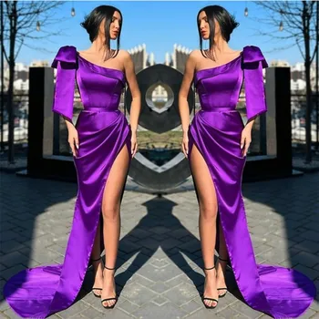 Стильные Длинные вечерние платья из фиолетового атласа с разрезом Русалки на одно плечо, плиссированные Вечерние платья, Сшитые по меркам Элегантного Дубая