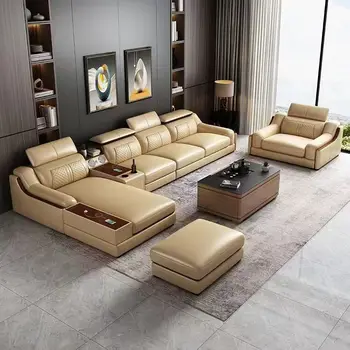 Стильный итальянский диван из натуральной кожи для гостиной с подстаканником, USB, регулируемыми подголовниками и Bluetooth-динамиком - MANBAS