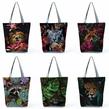Сумка-тоут с изображением северных цветов и животных, сумка с принтом Тигра, Льва, Лисы, милая повседневная портативная сумка через плечо, многоразовые сумки для покупок большой емкости