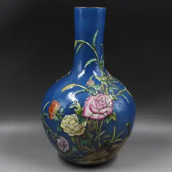 Темно-синяя ваза Высокий цветок пиона Старинная китайская Фамильная роза Фарфоровая ваза Большая ваза с гравировкой