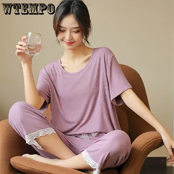 Тонкая домашняя одежда для женщин Пижамы Летний повседневный однотонный пижамный комплект, свободная футболка с короткими рукавами и комплект кружевных штанов из двух частей