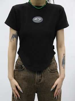 Топ с длинным рукавом, женская хлопковая черная рубашка с завышенной талией, короткая футболка с геометрическим рисунком на плечах, Летняя футболка с принтом динозавра