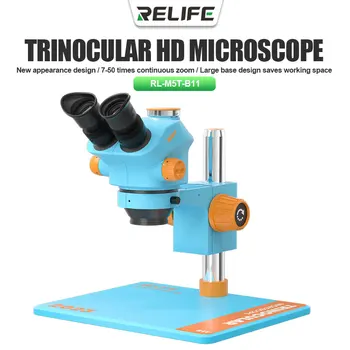 Тринокулярный HD-Микроскоп Relife RL-M5T-B11 с Непрерывным увеличением в 7-50 Раз Для Ремонта печатных Плат Мобильных Телефонов С Большим Пространством для Текста