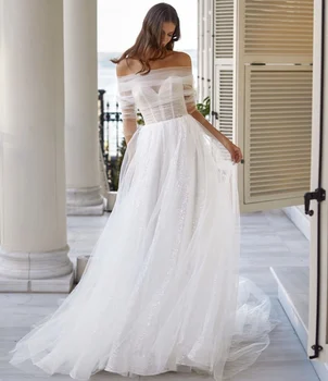 Тюлевое свадебное платье в стиле бохо со съемными длинными рукавами и открытыми плечами, Блестящее, сшитое по меркам Элегантное