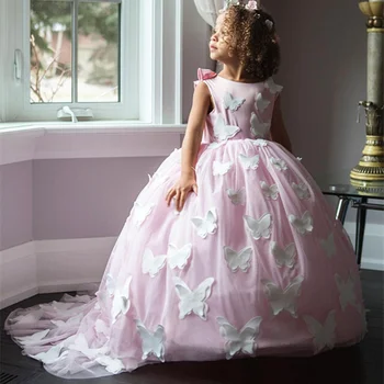 Тюлевые платья с цветочным узором для девочек, свадебные платья для принцессы, детская вечеринка, Первое причастие, Детское бальное платье с бабочками ручной работы, пышное