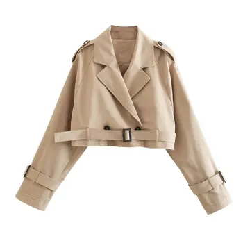 Укороченный тренч цвета Хаки, женская укороченная дизайнерская куртка с длинными рукавами, Шикарные женские повседневные свободные пальто на Хай-стрит, Новинка 2023 года