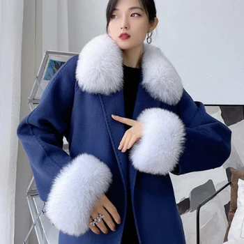 Усовершенствованное двустороннее шерстяное кашемировое пальто 2022 Осень /Зима, новое приталенное пальто с лисьим воротником средней длины для женщин