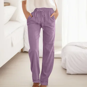 Хлопчатобумажные льняные свободные Женские брюки с завязками, широкие брюки с высокой талией, женские Корейские однотонные брюки с карманами, стрейчевые прямые брюки