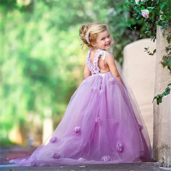 Цветок девочки платья кружева фиолетовый пушистый тюль 3Д аппликации знаменитости первой партии девушки Причастие платья