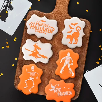 Шаблон Трафарета для кофейного спрея для печенья на Хэллоуин Happy Halloween Witch Cat Pattern Форма для выпечки торта с шоколадным бисквитом