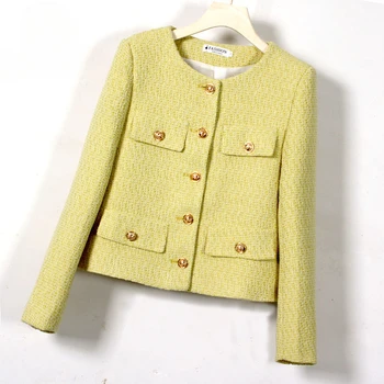 Элегантная женская куртка 2023, осень-зима, длинный рукав, Однобортное пальто с карманами и круглым вырезом, Однотонные шикарные Стильные женские топы