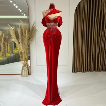 Элегантное женское вечернее платье русалки из велюра, Сетчатое платье для выпускного вечера в стиле пэчворк с рюшами, красное длинное платье Макси Vestido