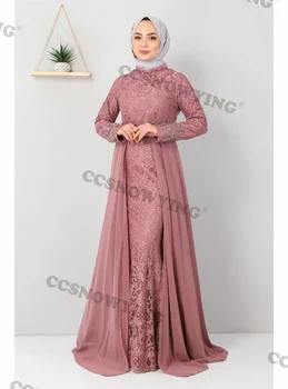 Элегантные вязаные бусины для ногтей, Мусульманские вечерние платья с длинным рукавом, Исламские вечерние платья с высоким воротом, Женские Арабские халаты De Soirée