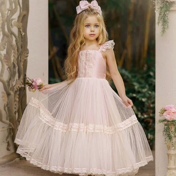 Элегантные платья для девочек-цветочниц для Первого Причастия, нарядные платья принцессы с белой кружевной аппликацией без рукавов