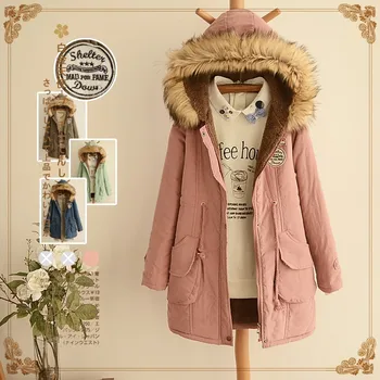 Японская осенне-зимняя новая студенческая женская одежда plus velvet с толстым капюшоном средней и длинной длины, хлопчатобумажное пальто