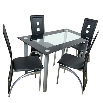 обеденный стол 110 см, Обеденный стол из закаленного стекла с 4-мя стульями, Прозрачный и черный Обеденный стол, обеденный стул